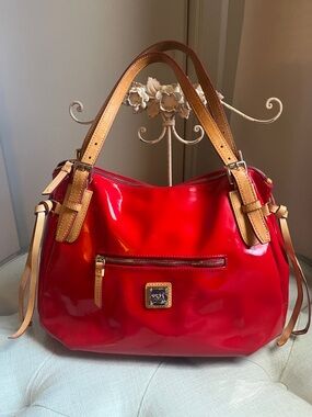 Dooney & Bourke Red Patent Leather Satchel Shoulder Bag with Tan Leather Straps
